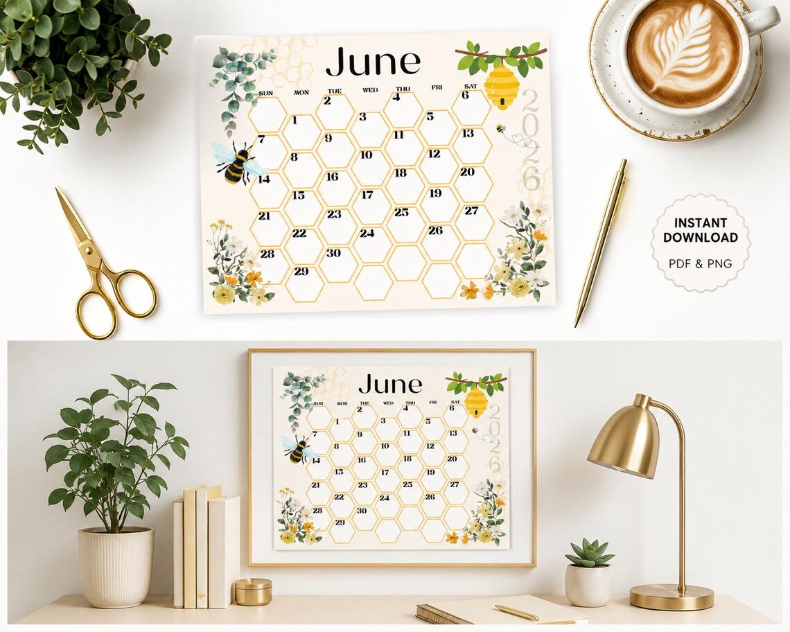 2026 June Printable Landscape Calendar | Bee Honeycomb Planner (digital ...