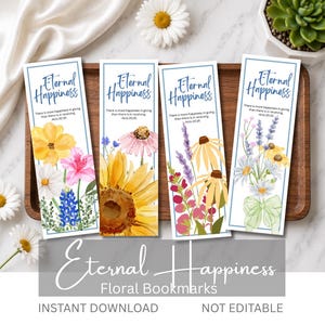 Op de afbeelding: Vier rechthoekige papieren bladwijzers met aquarel bloemenillustraties en de tekst Eternal Happiness met het bijbelvers Acts 20:35. Elke bladwijzer toont een uniek arrangement van kleurrijke bloemen, waaronder zonnebloemen en madeliefjes.