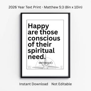 May include: Black framed print with the text "Happy are those conscious of their spiritual need." A compass graphic is below the text, with the text "Matthew 5:3." The print measures 8 inches by 10 inches.