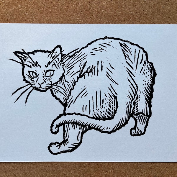 Neighborhood cat A4 linoprint