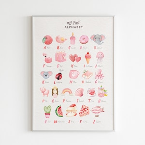 Impression de chambre d'enfant alphabet rose pour bébé fille, art mural rose pour chambre d'enfant, affiches éducatives Montessori fille, art de l'alphabet pour chambre de filles