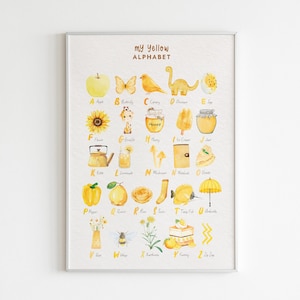Stampa con alfabeto giallo per la cameretta dei bambini, decorazioni per la cameretta dei bambini in giallo, stampe murali gialle per la cameretta dei bambini, poster educativi Montessori, arte dell'alfabeto per bambini