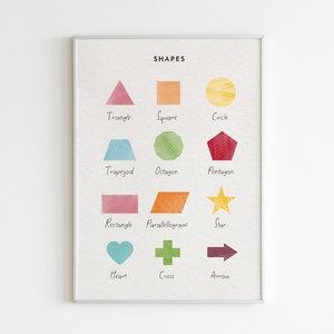 Impresión de formas de acuarela de arcoíris, arte mural imprimible, impresión educativa, póster para la educación en casa, arte mural para la sala de juegos, póster escolar, Montessori