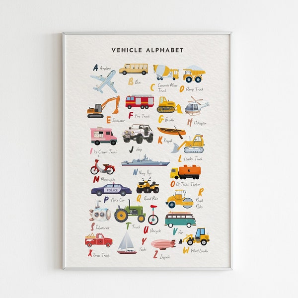 Vehicle Alphabet Print, Transport ABC, A-Z Transport, Montessori Educational Vehicle Posters, Boys Nursery, ABC Transportation Truck