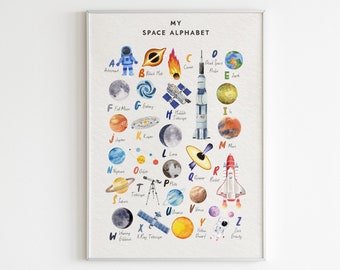 May include: A colorful educational poster with a space theme. The poster features the alphabet with a space-related image for each letter. For example, A is for Astronaut, B is for Black Hole, C is for Comet, and so on.