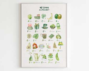 Lámina infantil con alfabeto verde, decoración infantil en verde, arte mural infantil en verde, pósteres educativos Montessori, arte del alfabeto para niños.