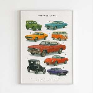 Vintage Cars Print, Educational Car Prints, Classic Vehicles Wall Art, Vintage Cars Printable Wall Art, Cars Educational Illustration