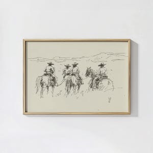 Cowboys auf Pferd Bleistiftskizze, minimalistische westliche Wandkunst, rustikale handgezeichnete Illustration für Vintage Wohnkultur