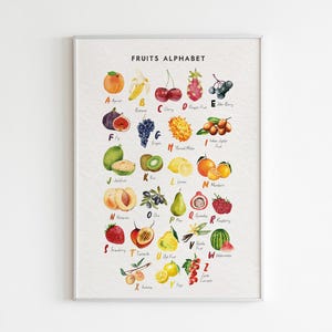 Lámina del alfabeto de frutas, póster educativo Montessori, póster para aula de educación en casa preescolar, póster del alfabeto de frutas para la cocina, guardería de frutas