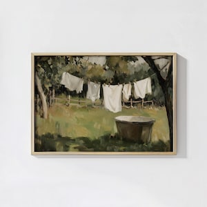 Rustic Countryside Laundry Oil Painting, Vintage Clothesline Wall Art, Pastoral Landscape Printable, Farmhouse Decor Digital Download