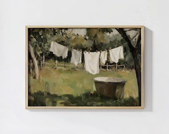 Farmhouse Laundry Oil Painting: Vintage Clothesline Art (Digital Download)