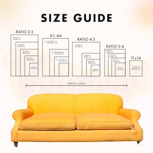 a yellow couch with measurements for the size of it