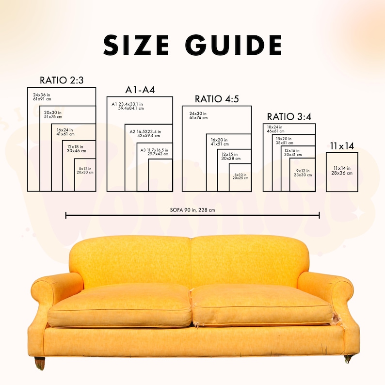 a yellow couch with measurements for the size of it