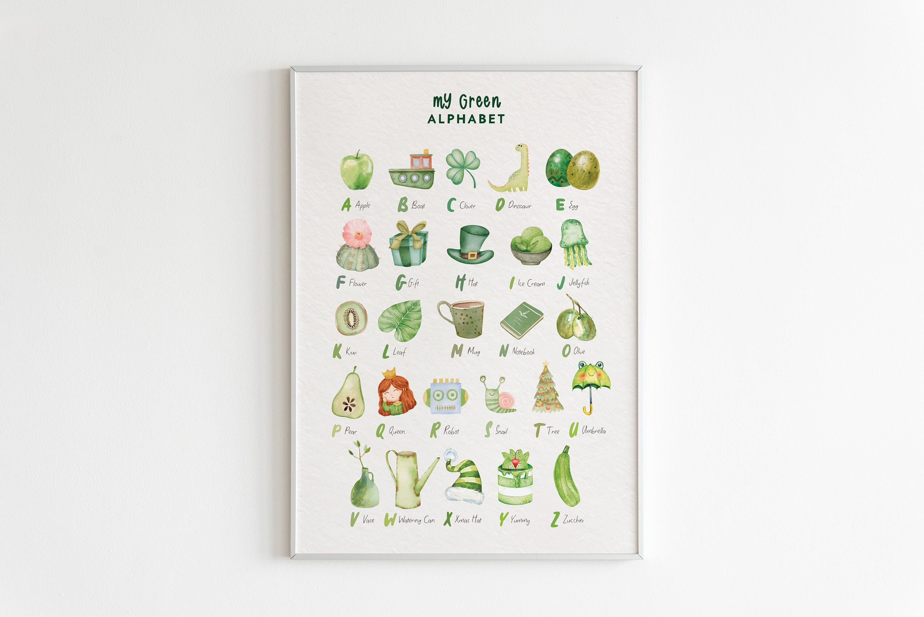 Green Alphabet Nursery Print, Colour Green Kids Room Decor, Green Nursery Wall Art, Montessori Educational Posters, Alphabet Art for Kids
