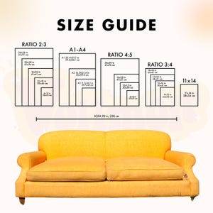 a yellow couch with measurements for the size of it