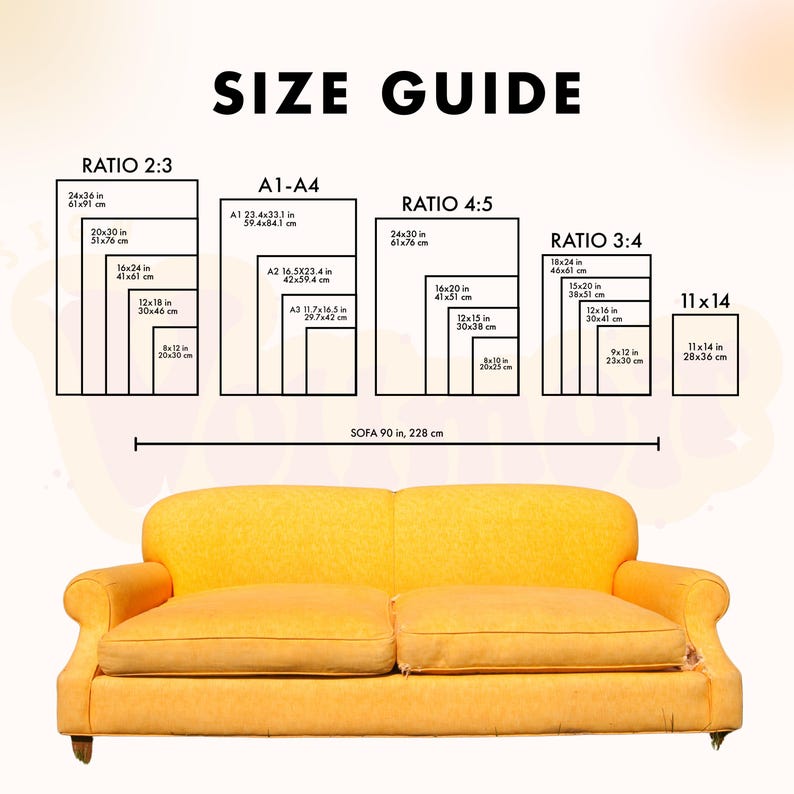 a yellow couch with measurements for the size of it
