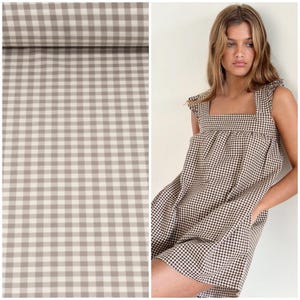 Milk white with taupe gingham checks Medium weight 100% Linen Fabric, Premium European quality, Natural, For clothes
