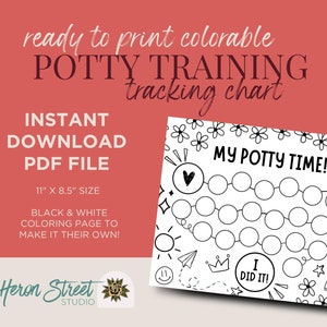 Puede incluir: Un gráfico de seguimiento del entrenamiento para ir al baño en blanco y negro con el texto "My Potty Time!" y "I Did It!". El gráfico mide 27,9 cm x 21,6 cm y presenta un diseño de página para colorear con un unicornio, un arcoíris y otros garabatos.