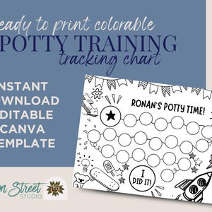 ¡Hora de ir al baño! Plantilla editable de Canva para seguimiento del entrenamiento para ir al baño con cohetes para niños pequeños y niños / Cuadro de calcomanías / Página para colorear imprimible con cohetes Archivo PDF