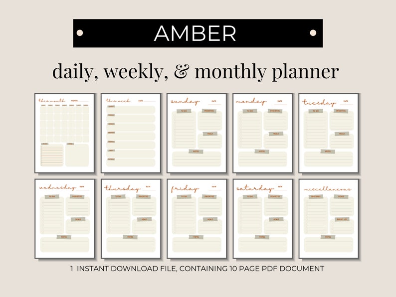 AMBER A5 Printable Planner PDF Daily, Weekly, Monthly