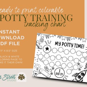 Puede incluir: Un gráfico de entrenamiento para ir al baño en blanco y negro con el texto "My Potty Time!" y "I Did It!". El gráfico mide 27,9 cm x 21,6 cm e incluye ilustraciones de una estrella, un cohete y una patineta. También es visible el texto "Ready to print colorable Potty Training tracking chart".