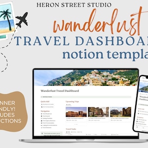 Fernweh Travel Dashboard Notion Template mit Urlaubsübersichten, Aufgaben-Manager, Reiseplänen, Journal, Makler-Ressourcen & Bucket List