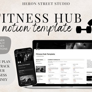 Puede incluir: Un portátil y un teléfono inteligente que muestran una plantilla de Notion para un centro de fitness. La plantilla incluye secciones para adiciones rápidas, entrenamientos actuales, educación y actualizaciones de progreso. El texto en la pantalla dice "Fitness Hub Template".