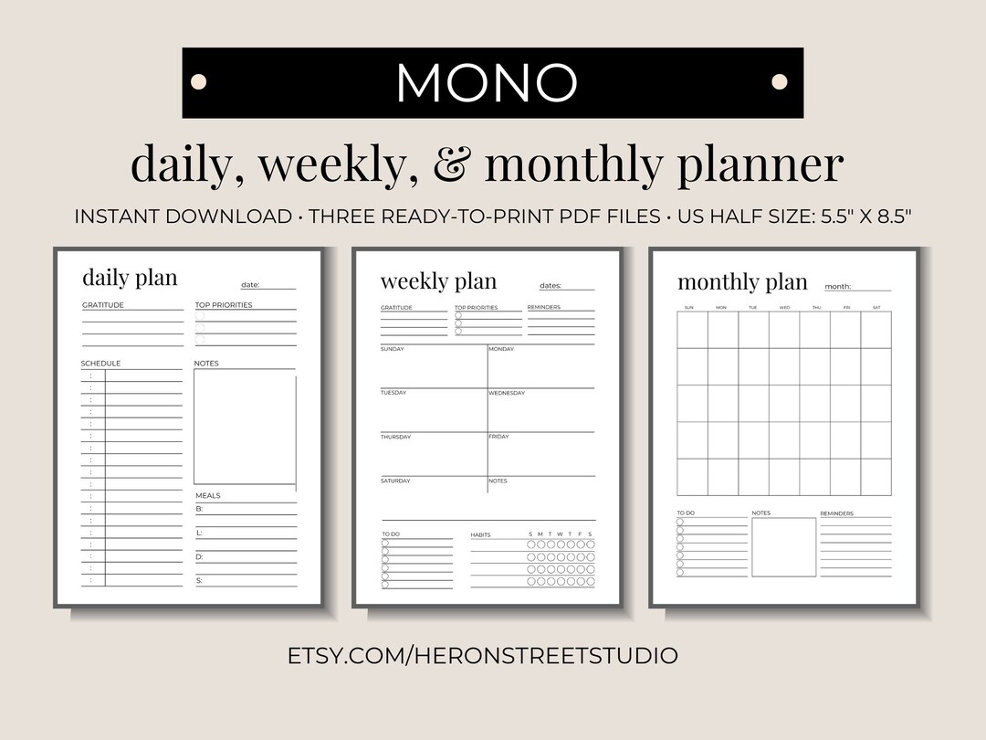 MONO 5.5 X 8.5 Printable Planner PDF Bundle Daily, Weekly, & Monthly - Etsy mono-5-5-x-8-5-printable-planner-pdf-bundle-daily-weekly-monthly-etsy
