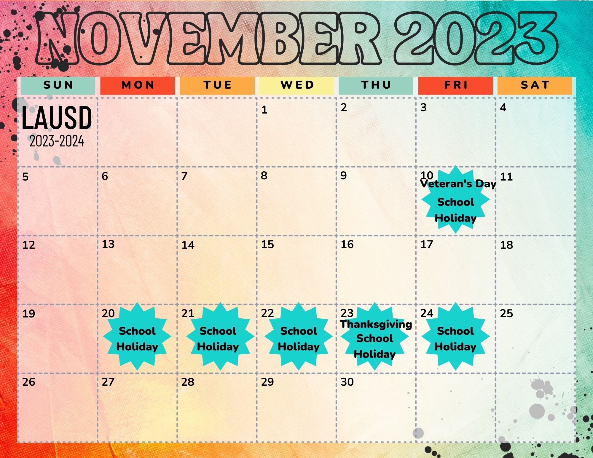 LAUSD School Calendar Planner 202524 Multicolored Digital Etsy