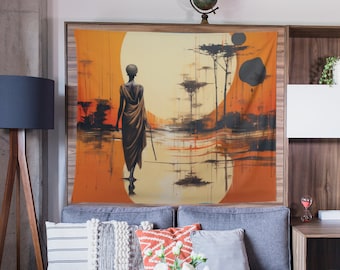African Woman in the Sunset Indoor Wall Tapestry, African Inspired Art, Minimal Modern Design, House Warming Gift, Living & Dorm Room Decor