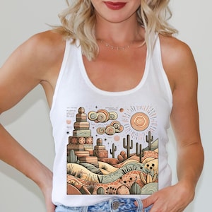 Southwestern Boho Racerback Tank Top, Desert Cactus Tank, Women&#39;s Nature Hiking Top, Arizona Red Rock Graphic, Summer Tank, Nature Lovers