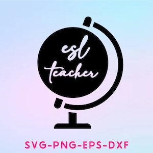 Puede incluir: Silueta en blanco y negro de un globo terráqueo con el texto "esl teacher" en su interior. El globo está sobre un soporte. La imagen está sobre un fondo degradado azul claro y rosa.