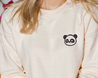 Embroidered Panda Sweatshirt, Kawaii Panda Sweater, Embroidered Cute Panda Crewneck, Animal Lover Long Sleeve