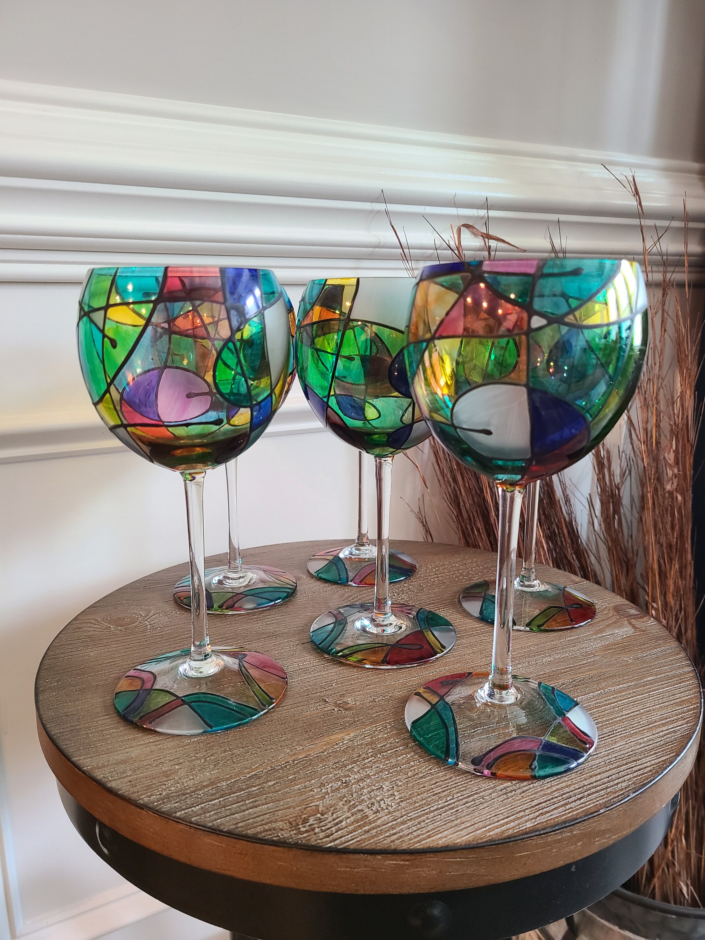 Etched Multicolor Christmas Stemmed Wine Glasses Set of 4