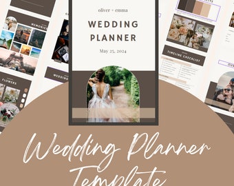 May include: A wedding planner template with a brown and white color scheme. The cover features a photo of a bride walking down a path in a forest. The text "oliver + emma" and "Wedding Planner" are at the top of the page. The date "May 25, 2024" is below the title.