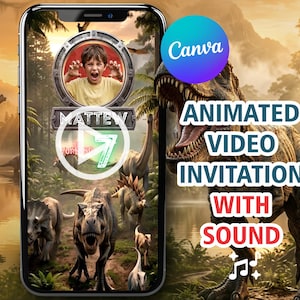 Op de afbeelding: Een smartphone toont een geanimeerde video-uitnodiging met een dinosaurus thema. De uitnodiging bevat een foto van een kind, de naam "MATTEW" en de tekst "ANIMATED VIDEO INVITATION WITH SOUND". De achtergrond toont dinosaurussen in een jungle.
