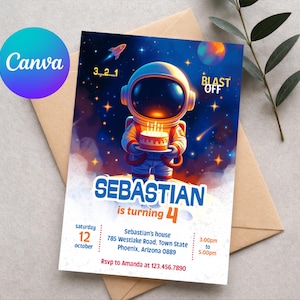 Pode incluir: Um convite de aniversário com um astronauta segurando um bolo em um fundo espacial. O convite diz "Sebastian está fazendo 4 anos" com detalhes do evento. O logotipo Canva é visível no canto superior esquerdo.