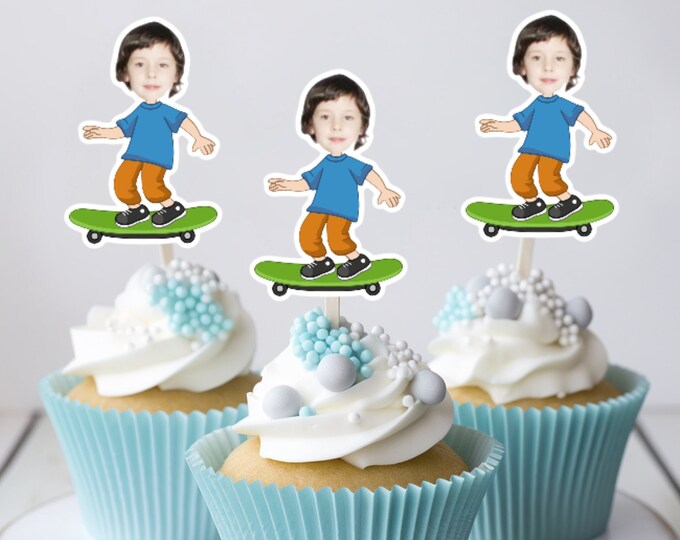 Custom Skateboard Kid Cupcake Topper, Custom Photo Topper, Skateboard Boy, Skateboard Girl, Personalized Cupcake Toppers, Photo Face