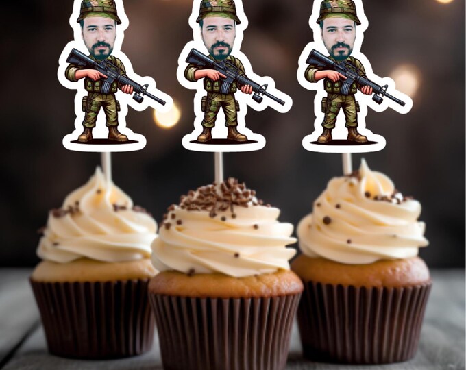 Soldier Personalized Face Cupcake Toppers, American Soldier Face Cupcake Topper. Army Birthday Cupcake Topper, Military Birthday Decorations