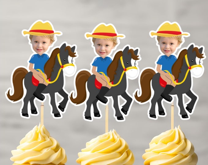 Custom Face Cowboy on a horse Cupcake Topper, Personalized Farmer Sticker Cupcake Topper, Cowboy horse Cupcake topper, Cowboy Cupcake Topper
