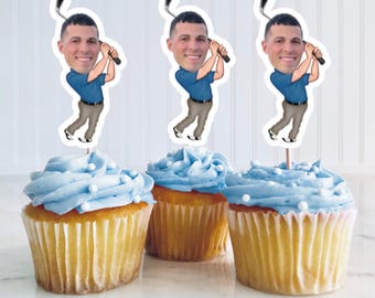 Custom Face Golf Toppers – Golf Birthday Party Cupcake Decorations – Personalized Golfer Party Supplies – Funny Golf Cake Topper