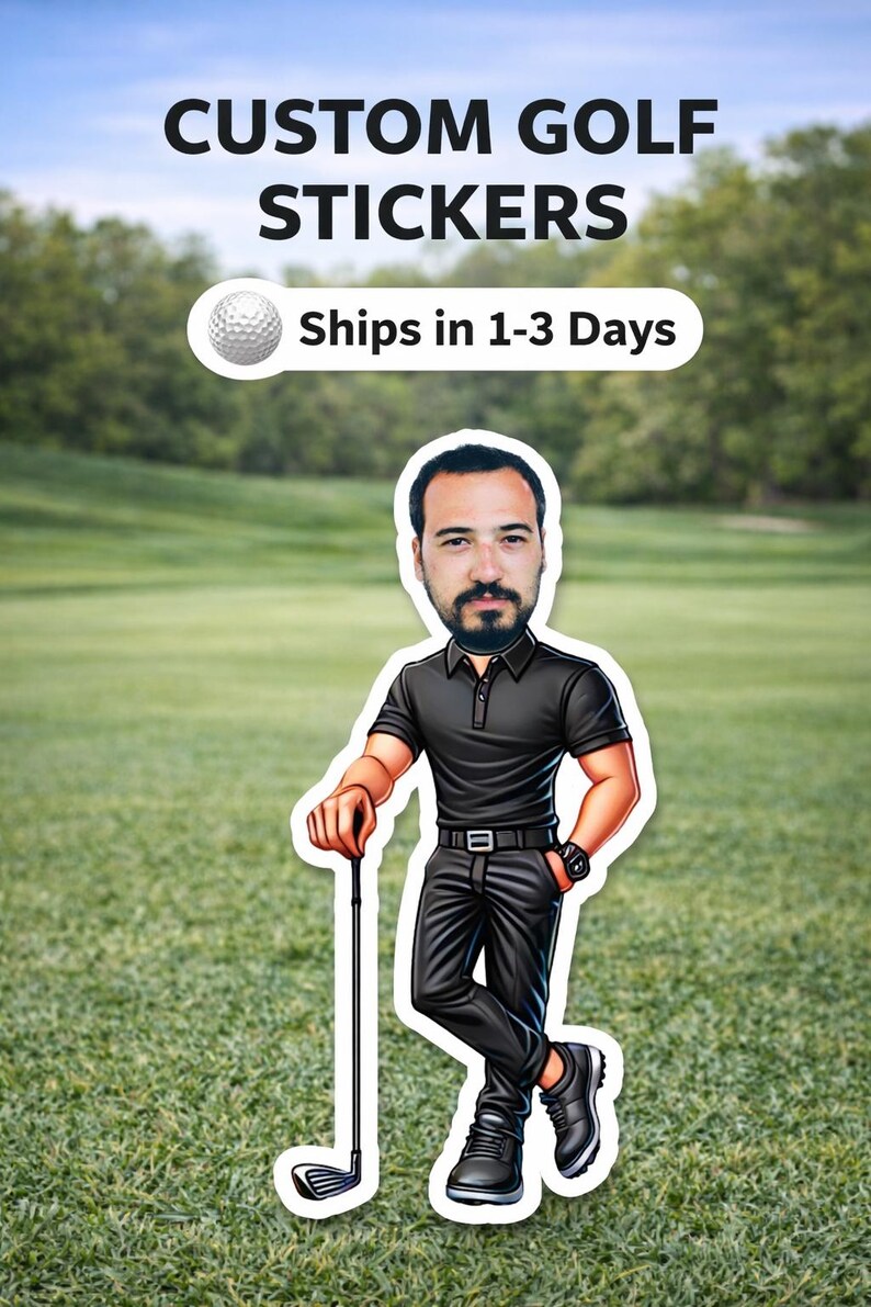Adesivi da golf personalizzati, adesivo fotografico da golf, adesivo personalizzato con volto da golfista, regalo per gli amanti del golf, decalcomania per carrello da golf, bomboniera per feste di tornei di golf immagine 5