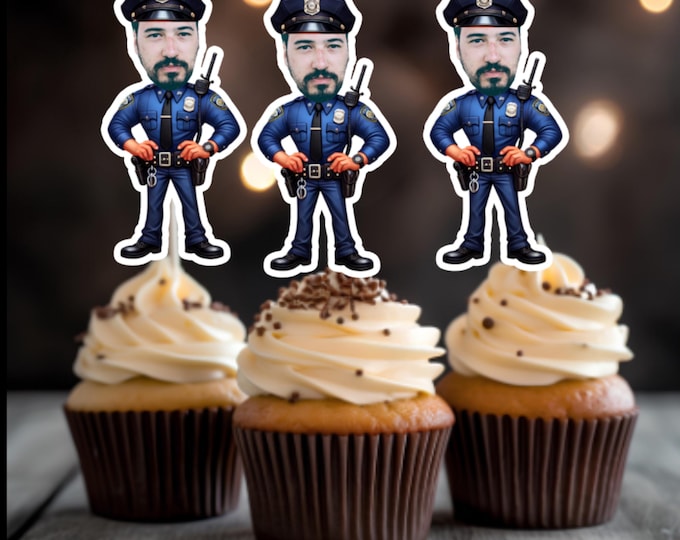 Custom Face Police Cupcake Toppers – Personalized Police Party Decor, Fun Law Enforcement Cake Topper, Police-Themed Cupcake Topper