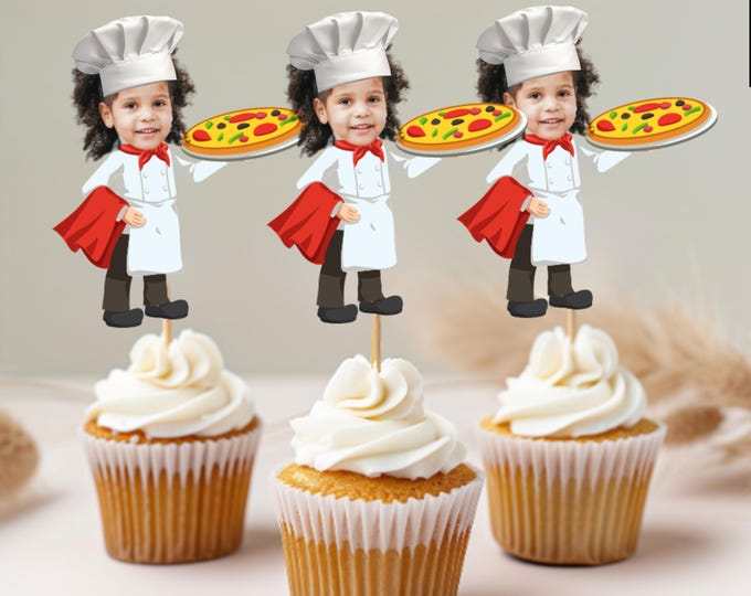 Custom Face Pizza Chef Cupcake Toppers – Personalized Chef Party Decorations, Funny Cooking Party, Pizza Chef, Custom Cake Toppers, Pizza