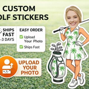 Adesivi da golf personalizzati, adesivo fotografico da golf, adesivo personalizzato con volto da golfista, regalo per gli amanti del golf, decalcomania per carrello da golf, bomboniera per feste di tornei di golf immagine 6