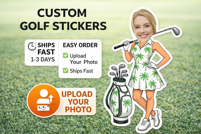 Adesivi da golf personalizzati, adesivo fotografico da golf, adesivo personalizzato con volto da golfista, regalo per gli amanti del golf, decalcomania per carrello da golf, bomboniera per feste di tornei di golf immagine 6