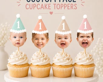Custom 1st Birthday Face Cupcake Toppers with Party Hats - Personalized Baby Photo Cake Picks, First Birthday Decorations, Funny Face Decor