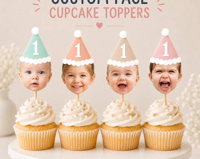 Custom 1st Birthday Face Cupcake Toppers with Party Hats - Personalized Baby Photo Cake Picks, First Birthday Decorations, Funny Face Decor