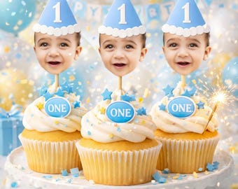 Customized Different Faces Photo Party hat cupcake topper for first milestone birthday photos party hat cupcake decoration face on stick