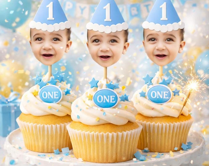 Customized Different Faces Photo Party hat cupcake topper for first milestone birthday photos party hat cupcake decoration face on stick